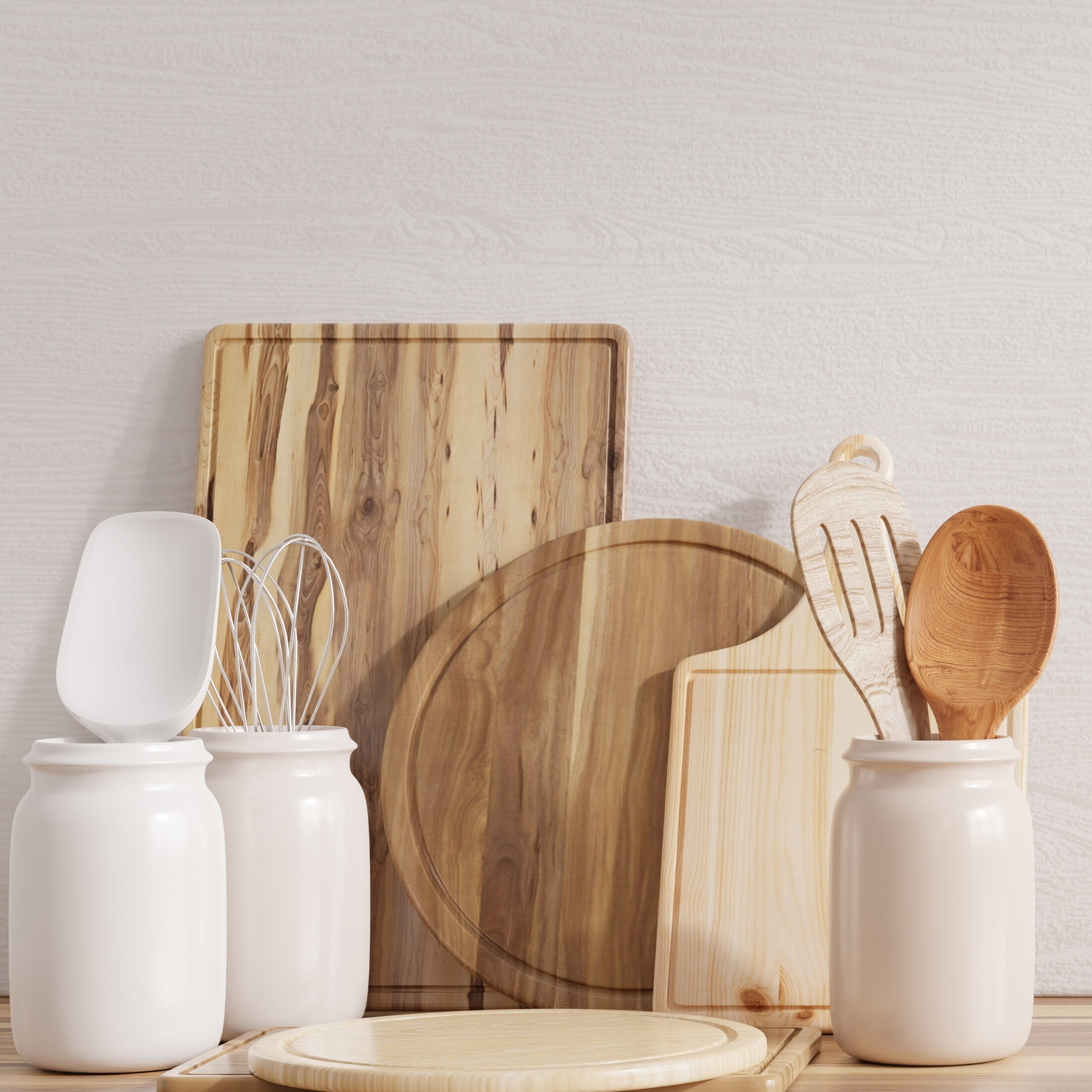 kitchen interior with kitchen utensils standing on wooden shelf.3D rendering